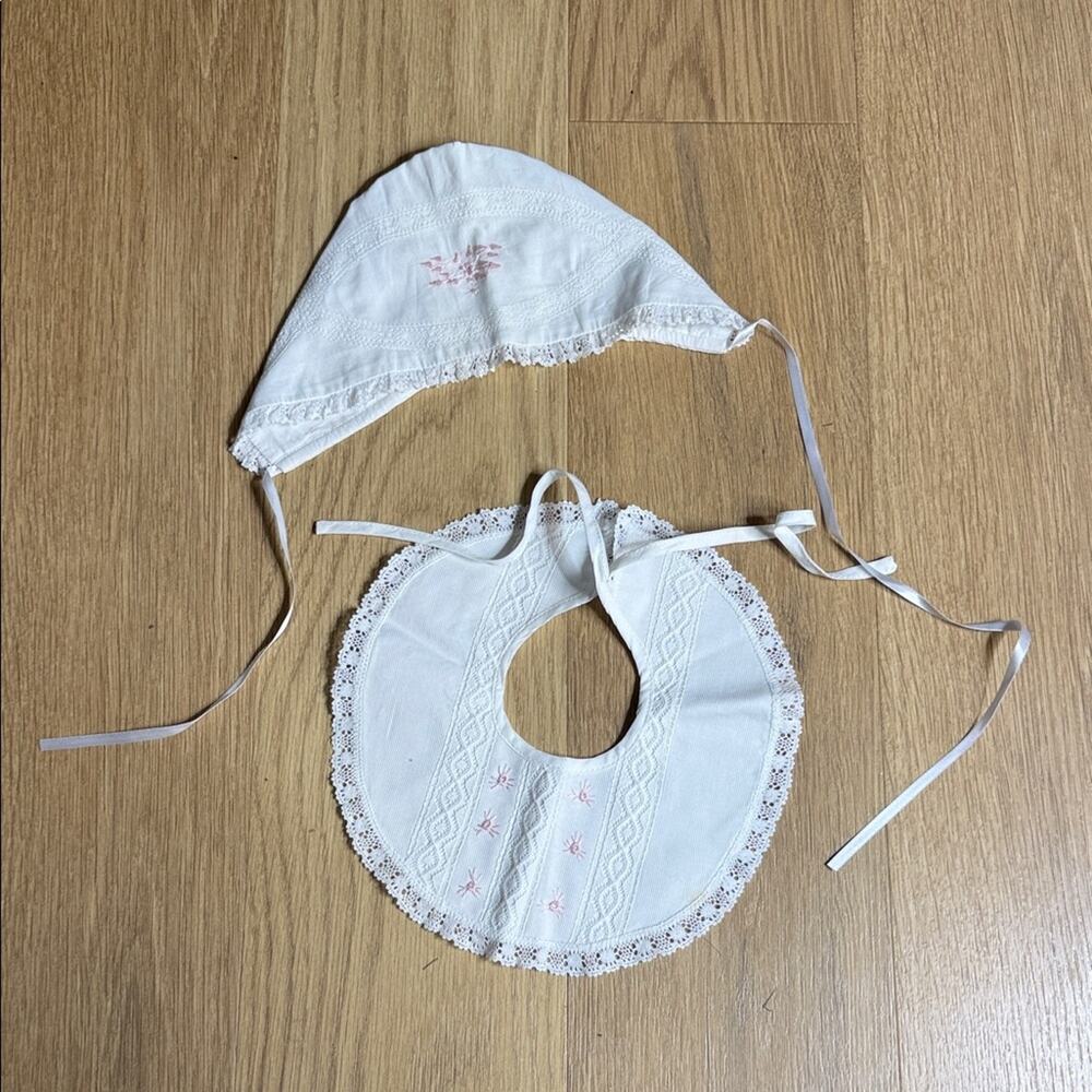 White and Pink Lace Baby Bonnet and Bib Set